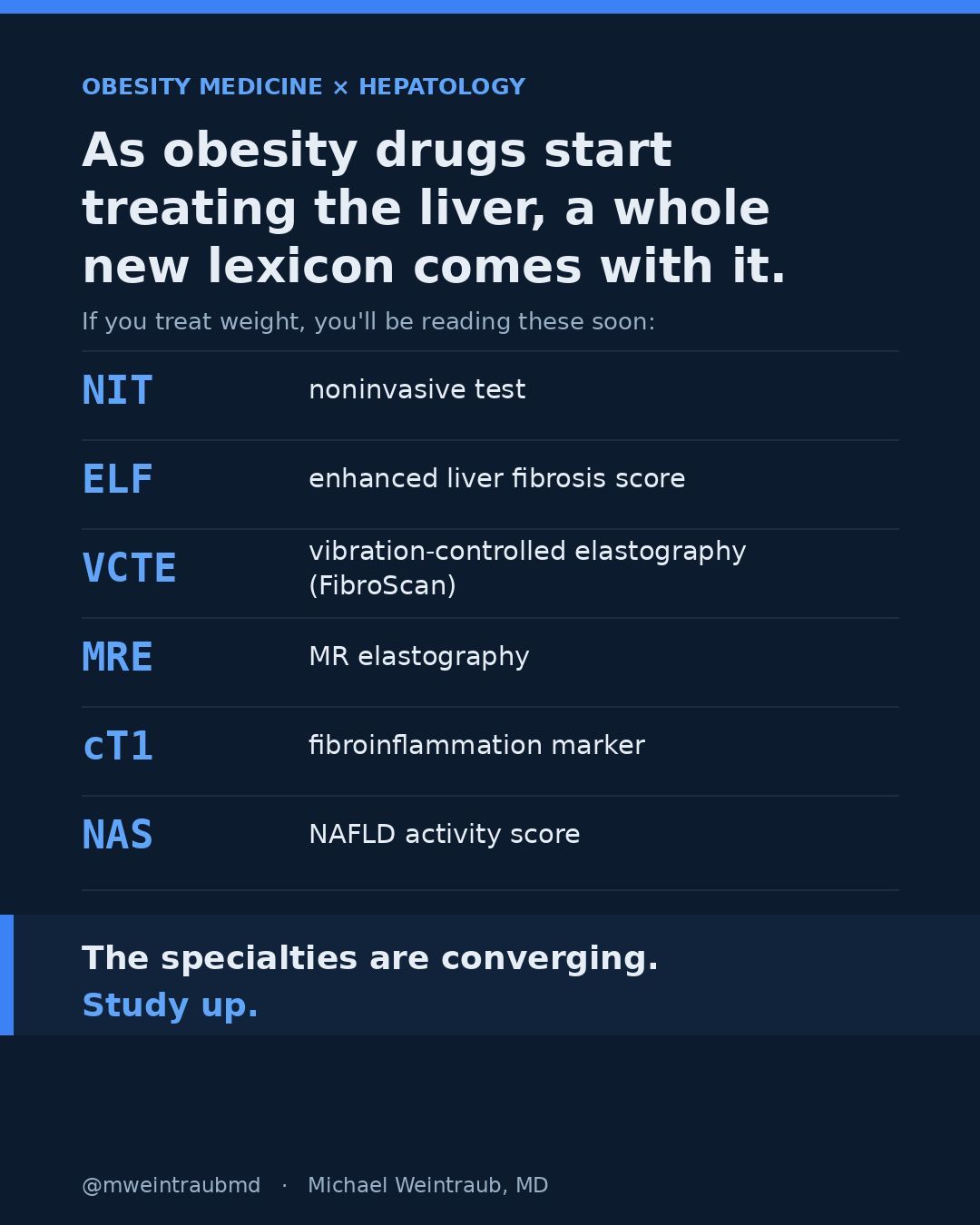 Glossary graphic of hepatology terms obesity clinicians should know: MASLD, NIT, ELF, VCTE, MRE, cT1, NAS