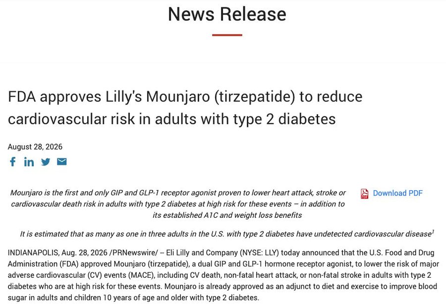 Eli Lilly announcement of the FDA cardiovascular indication for Mounjaro (tirzepatide)