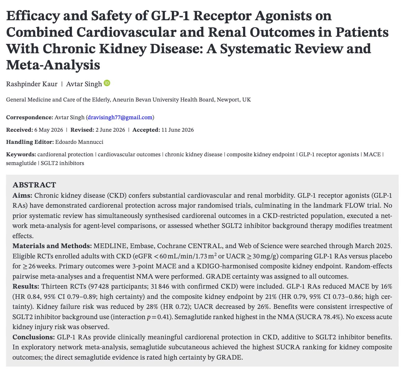 Journal article: efficacy and safety of GLP-1 receptor agonists on combined cardiovascular and renal outcomes in chronic kidney disease