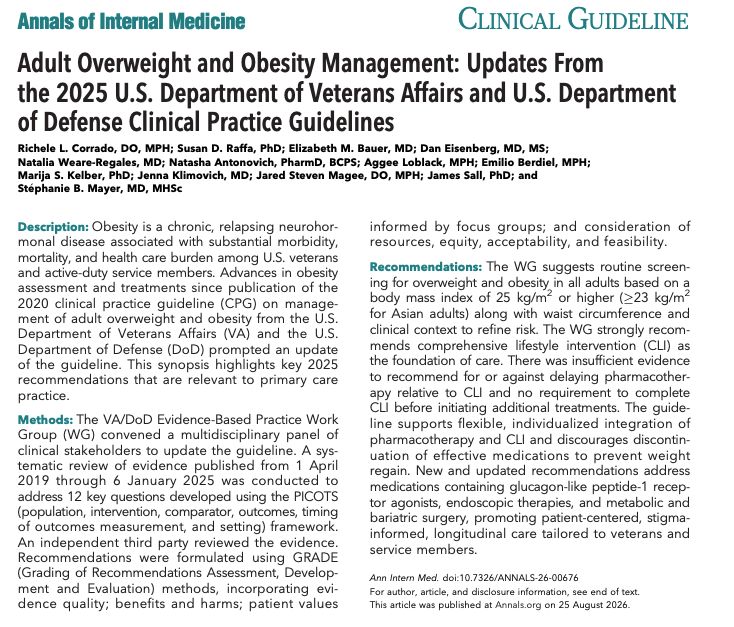 First page of the 2025 VA/DoD adult overweight and obesity guideline in Annals of Internal Medicine